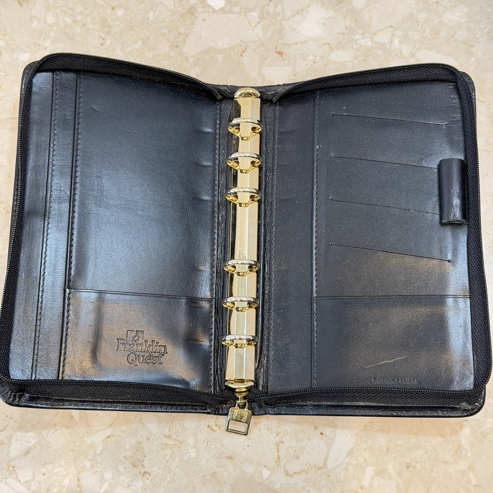 Vtg 90s Franklin Quest Brown Leather Zip Around Compact Planner 6 Ring Binder